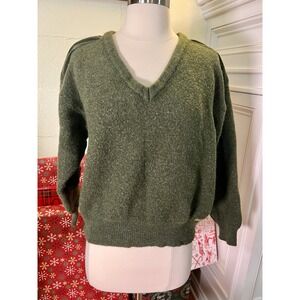 Steffner Austrian Wool Sweater‎ Green V-Neck Suede Elbow Patches M